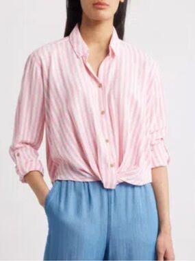 Beach Lunch Lounge Linen Stripe Button Down